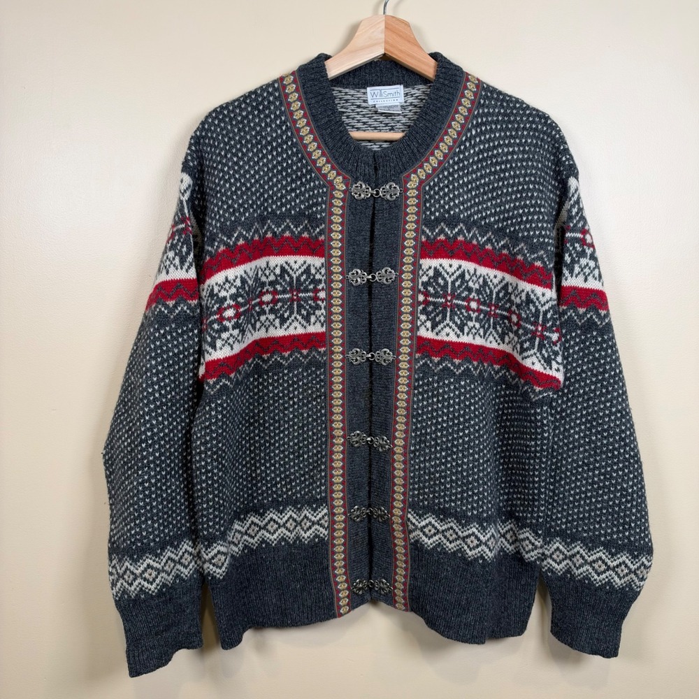 VTG Willi Smith Shetland Wool Cardigan L Gray Nordic Fair Isle Pewter Clasp
